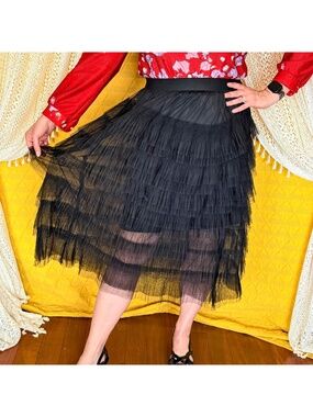 Whimsigoth Witchy Romantic Black Tiered Sheer Tulle Ruffle Midi Skirt | Sz M